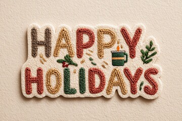 cozy text-based holiday sticker with the words "Happy Holidays" in thick and bold letters made of knitted wool texture decorated with small holly leaves and berries on beige background