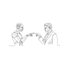 Continuous line drawing of robot and human touching fingers. Vector illustration of artificial intelligence connection with businessman in Creation of Adam style.
