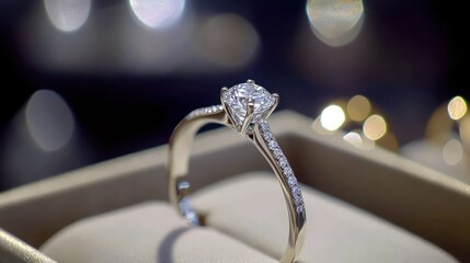 a captivating close up showcases an elegant engagement ring, sparkling with brilliance against a bokeh backdrop, exuding timeless beauty