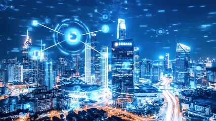 futuristic cityscape at twilight with glowing digital network connecting skyscrapers and roadways creating a vibrant urban landscape - Powered by Adobe