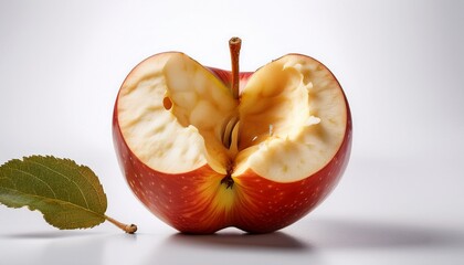 apple core on white background half eaten fruit with seeds and stem exposed