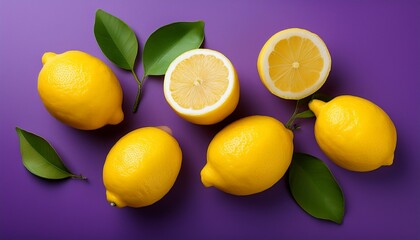bright yellow lemons on a purple background make a vibrant scene