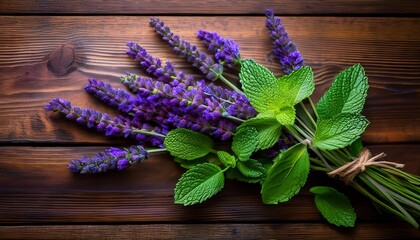fresh lavender blossoms paired with bright green mint leaves create a calming natural composition on a simple wooden surface wooden relaxation beauty