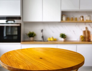 premium photo of round yellow wooden table stands in focus against a blurred background of a white kitchen