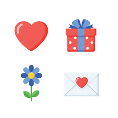 The illustration depicts a heart, gift, flower, and envelope in a graphic design.