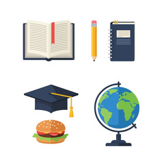 Illustration of education and food symbols on global backdrop