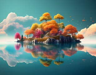 floating islands with colorful trees in a serene sky background