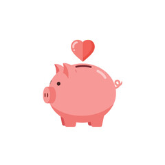 An illustration of a pink piggy bank with a heart above it on a white background.