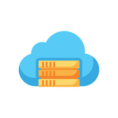 An illustration of servers stacked under a cloud storage icon on a white background.