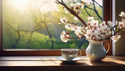 blooming branches in a vase with teacup and flowers by a window creating a serene atmosphere