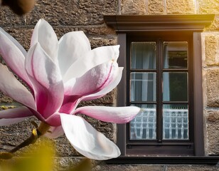 close up of a large white and pink magnolia flower under the window of a beautiful old house