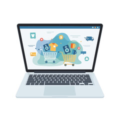 Laptop displays an online shopping platform with cart icons on screen.