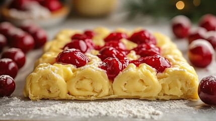 Cream filled pastry swirls generously topped with bright red cherries on a powdery surface