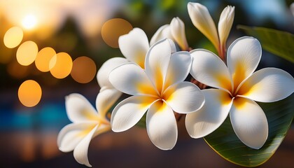 premium photo of delicate white plumeria flowers against a blurred background of bokeh lights