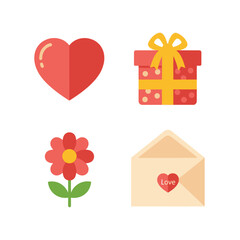 The scene depicts a heart, gift box, flower, and love letter on a white background.