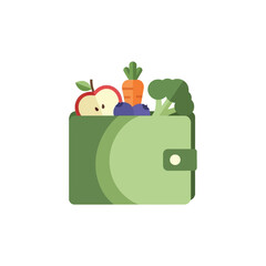 An illustration of a green wallet filled with fresh fruits and vegetables on a white background.