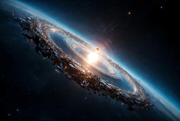 A wide-angle cinematic shot of a massive, fragmented technological ring encircling a bright star.