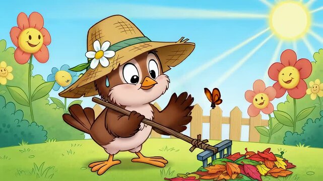Sweet bird in straw hat raking autumn leaves in garden, cartoon style animation of yard work and fall foliage.