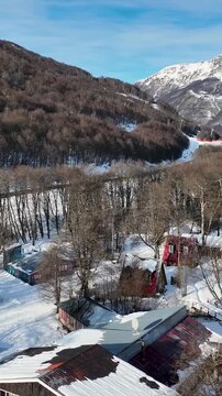 Las Cotorras Village In Ushuaia End Of The World Argentina. Breathtaking Landscape Of Forest Trees In The Rural Scene. South Pole Lake Expedition Snowcapped. Forest Trees Expedition Nature.