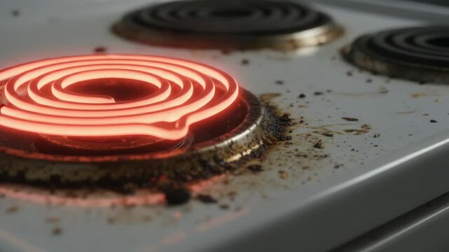 Electric stove burner igniting and glowing intensely red. Heating element reaching maximum temperature for culinary preparation. Kitchen appliance demonstrating powerful heat generation