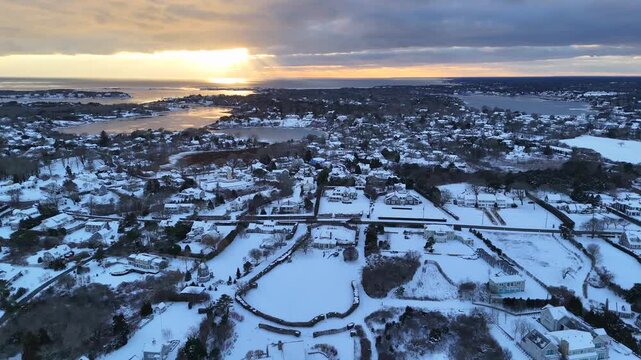 Snowy Coastline Aerial at Chatham, Cape Cod in Winter