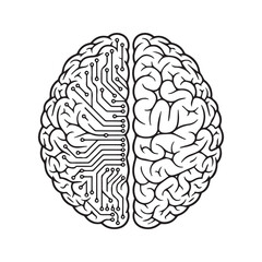 Human brain vs artificial intelligence concept vector. Half circuit board technology and half organic biological mind illustration representing logic and creativity.
