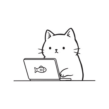 Cute cat working on laptop vector illustration. Minimalist hand drawn funny kitten typing at desk. Simple black line art of pet using computer with fish logo.
