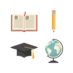 Education icons including book, pencil, graduation cap, and globe on desk for learning.