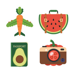 Vibrant illustrations of food items and travel accessories on a white background