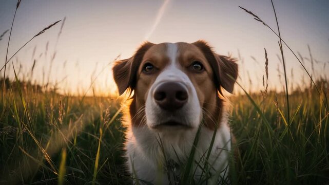 A charming brown and white dog emerges from tall grass at sunset, bathed in warm golden light. The adorable pet looks directly at the viewer with an inquisitive and friendly gaze