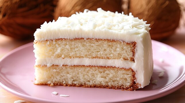 A light and fluffy vanilla layer cake slice with creamy frosting on a pink plate