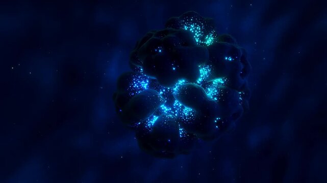 Glowing alien-like sponge structure with pulsating neon lights in blue, green and pink, floating in dark cosmic void surrounded by sparkling stardust. Concept of futuristic biology and deep space