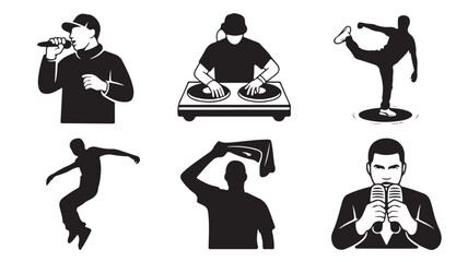 Urban music and dance performers dynamic street style monochromatic graphic silhouettes clean vector illustration for music events and cultural promotion.