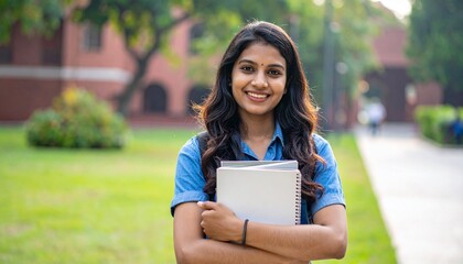 Smiling young Indian woman, a university student, holding books on campus