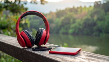 Red wireless headphones and smartphones on wooden railing outdoors with scenic nature view. Digital detox, music, podcast listening in nature, serene landscape background.