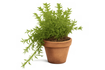 Rosemary herb plant growing in a terracotta pot, fresh green leaves and organic gardening concept, transparent background