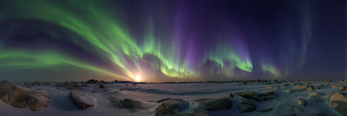 Northern Lights dance across clear night sky in 360 degree panorama. Vibrant green, subtle purple aurora borealis light up vast snowy tundra landscape. Scattered rocks dot cold arctic winter ground
