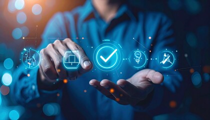 Hand touching glowing check mark icon on a futuristic digital interface, symbolizing quality assurance and business success in a technology concept.