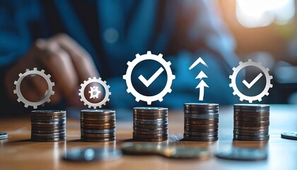 Growing stacks of coins with gear icons, checkmarks, upward arrows, and Bitcoin symbol symbolizing financial growth, business efficiency, and cryptocurrency investment success.