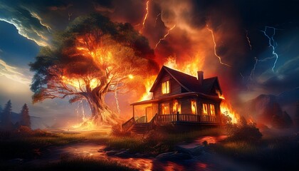 a dramatic scene unfolds as a house engulfed in flames is illuminated by lightning with billowing smoke and a large tree standing resiliently in the foreground