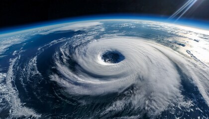 a powerful hurricane captured from space showcasing its swirling clouds and eye in the center with surrounding stormy weather patterns