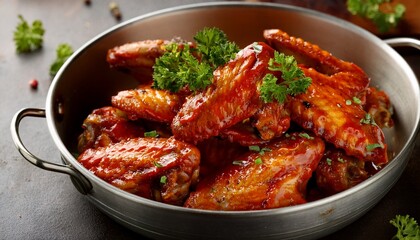 delicious buffalo chicken wings topped with fresh herbs in a metal bowl