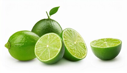 whole and sliced limes various angles isolated on white background