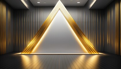 a towering triangular white wall with six golden yellow spotlights in a sleek room with soft carpeted flooring and metallic accents