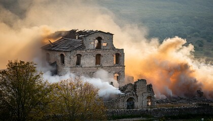 a dramatic scene of an ancient stone building engulfed in swirling dust and smoke evoking a sense of historical decay and natural power