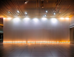 a towering rectangular white wall illuminated by eight soft amber spotlights in a sleek room with frosted ceiling panels and glowing light accents