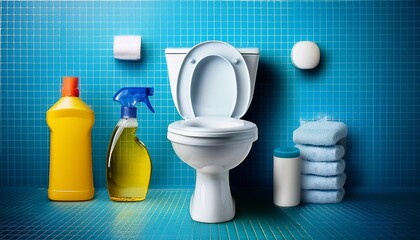 toilet bowl with cleaning supplies and hygiene products