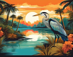 vintage florida travel poster featuring a heron by a tropical lagoon