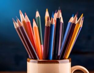 assorted colored pencils in a mug close up shot presenting creative tools and education