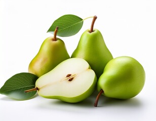 fresh green pears with leaves isolated on a clean white background